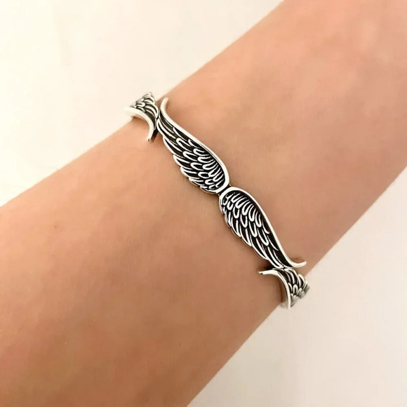 925 Sterling Silver Wings Cuff Bracelet Silver Vintage Bangle Bracelet - Picture 1 of 6
